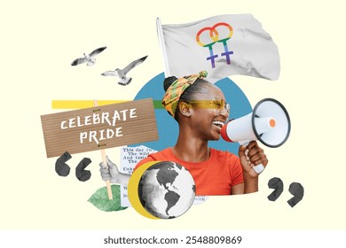 A black woman with a megaphone celebrates pride. Pride flag and Celebrate Pride sign creative collage. Collage of a black woman celebrate LGBTQ pride - Powered by Shutterstock