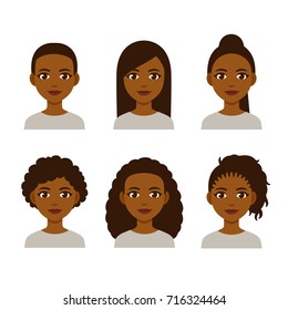 Black Women Faces With Different Hair Styles. Cartoon African Girls With Natural Hairstyles And Straightened Hair.