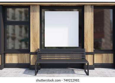 Black And Wooden Cafe Exterior With A Square Poster In The Window And A Metal Bench Standing Under It. 3d Rendering Mock Up