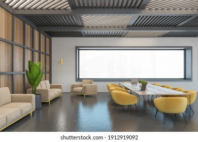 Black And Wooden Conference Room With Yellow Armchairs, Sofa, Long Table, Side View, On Black Floor. Wooden And Grey Business Room With Window, 3D Rendering No People