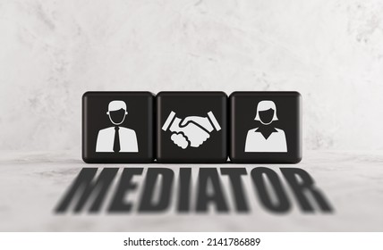 Black Wooden Cubes With Icons Of A Man And A Woman. Mediation Concept, Mediator Who Helps To Solve Problems In Marriage, Private Matters. 3D Render, 3D Illustration.