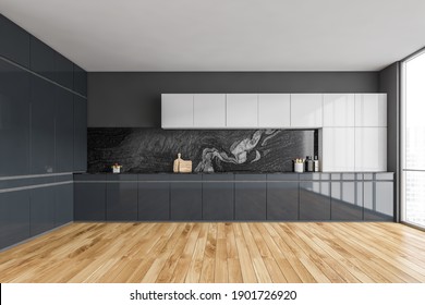 Black And Wooden Empty Kitchen Set With Window And Parquet Floor. Modern Luxury Black And White Kitchen Set With No Furniture, 3D Rendering No People