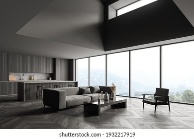 Black Wooden Interior Of Kitchen With Bar Chairs And Kitchenware, Side View, Grey Sofa And Armchair With Coffee Table. Windows With Nature View And Parquet Floor, 3D Rendering No People