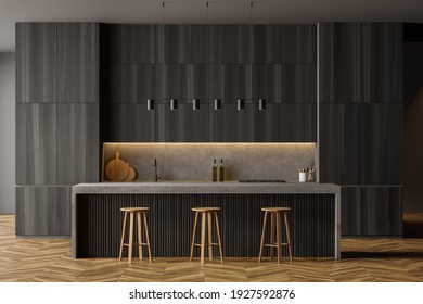 Black And Wooden Minimalist Kitchen Set, Front View, Bar Chairs On Parquet Floor. Cutting Table In Light Modern Kitchen, 3D Rendering No People