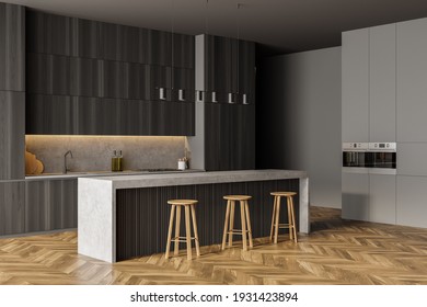 Black And Wooden Minimalist Kitchen Set, Side View, Bar Chairs On Parquet Floor. Cutting Table In Light Modern Kitchen, 3D Rendering No People