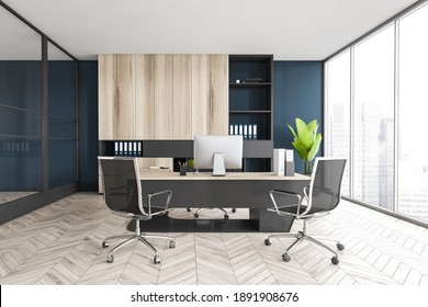 Black And Wooden Office Room With Chairs, Table With Computer And Shelf, Plant On Parquet Floor Near Window. Business Dark Luxury Consulting Office Room, 3D Rendering No People