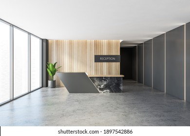 Black And Wooden Reception Room, Grey And Dark Marble Desk On Grey Floor Near Big Windows. Empty Reception Hall With Desk, 3D Rendering No People