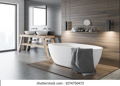 Black and wooden wall bathroom corner with a tub and a make up shelf. A double sink near a gray wall. Concept of a modern house design. 3d rendering
