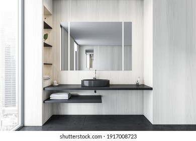 Black And Wooden White Bathroom With Black Sink And Mirror Near Window. Modern Design Of Bathroom With Shelves, 3D Rendering No People