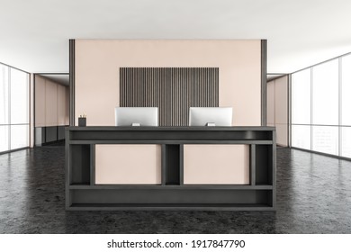 Black Wooden And White Reception Room With Black Marble Floor, Front View, Windows, Desk And Computers. Office Entrance Room With Furniture And Computers, 3D Rendering No People