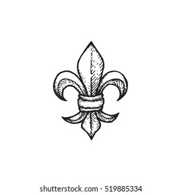 black work tattoo dot art hand drawn engraving Fleur De Lis vintage lily illustration isolated white background
