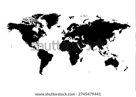 Black World Map Silhouette Vector, Global Map Illustration, Earth Continents Flat Design