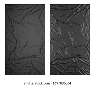 Black wrinkled poster template set. Isolated glued paper mockup. 3D rendering image