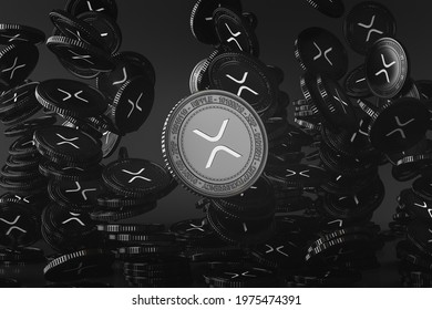 Black XRP Coins Falling From Above In The Black Scene, Mockup Digital Currency Coin For Financial, Token Exchange Promoting, Advertising Purpose. 3d Rendering