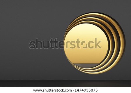 The black and yellow abstract composition. Round tunnel of repetitive modern form structures, the light in perspective. 3D Rendering