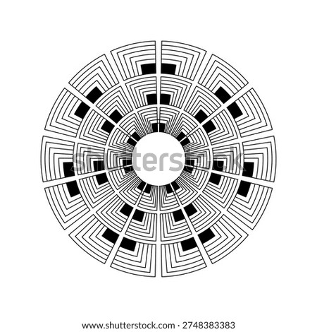 A black-and-white circular geometric pattern with layered angular lines radiating from the center