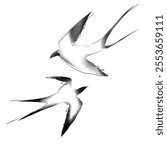 A black-and-white minimalist illustration in a digital stencil style. Two swallows are flying towards each other, symbolizing freedom, spring, and harmony.