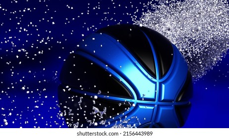 Black-Blue Basketball with Diamond Water Particles under Red-Blue Lighting Background. 3D illustration. 3D high quality rendering. 3D CG.