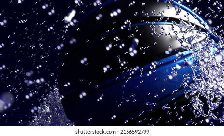 Black-Blue Basketball with Diamond Water Particles under Red-Blue Lighting Background. 3D illustration. 3D high quality rendering. 3D CG.