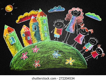 Blackboard Or Asphalt Kids Drawing. Color Chalks