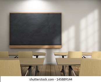 Blackboard and school desks background - Shutterstock ID 145889144
