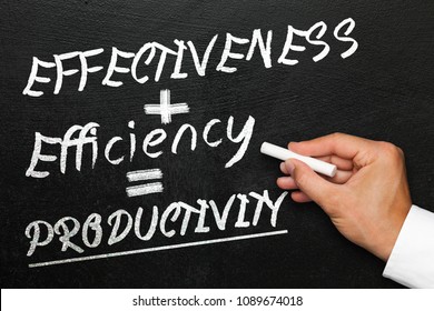Blackboard with text effectiveness, efficiency and productivity. Hand with chalk in hand. Conceptual illustration about productivity.