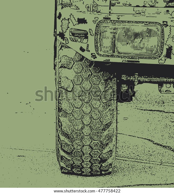 Black-green illustration of the military truck front\
headlight and\
tire
