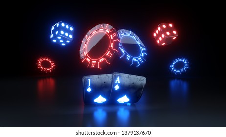 BlackJack Casino Gambling Concept Poker Cards and Poker Chips - 3D Illustration