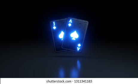Blackjack Poker Cards Casino Concept With Glowing Neon Lights Isolated On The Black Background - 3D Illustration