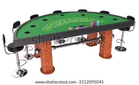 Blackjack table and game chips isolated on white background.3d rendering.