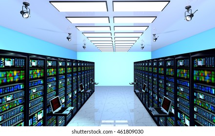 Blackout In Server Room.Creative Business Web Telecommunication, Internet Technology Connection, Cloud Computing And Networking Connectivity Concept: Terminal Monitor In  Datacenter. 3d Render