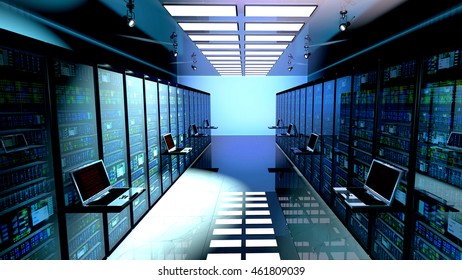 Blackout In Server Room.Creative Business Web Telecommunication, Internet Technology Connection, Cloud Computing And Networking Connectivity Concept: Terminal Monitor In  Datacenter. 3d Render