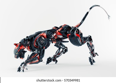 Black-red robotic jaguar cat 3d side render in a creeping pose