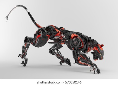 Black-red robotic jaguar cat 3d side render in a creeping pose