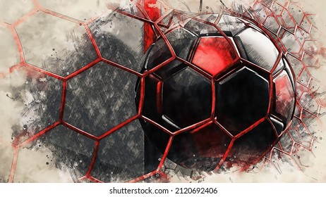 Black-red Soccer Ball And Red Goal Net Illustration Combined Pencil Sketch And Watercolor Sketch. 3D Illustration. 3D CG. High Resolution.