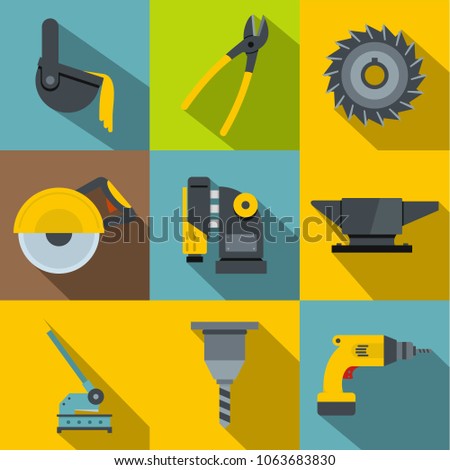 Blacksmith tools icons set. Flat set of 9 blacksmith tools icons for web with long shadow