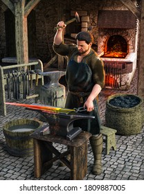 Blacksmith at work outside his shop in a medieval European village, 3d render.