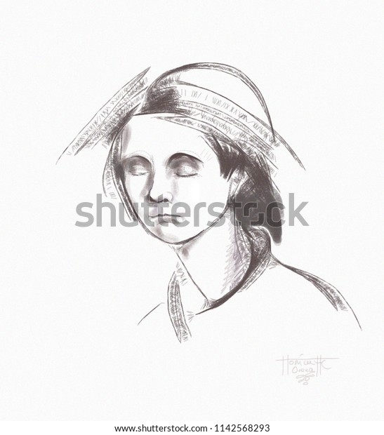 Blackwhite Draw Young Girl She Sad The Arts Stock Image