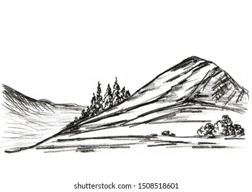 Black-white graphic drawing of charcoal pencil. Mountain landscape, hills and rocks, wild European nature for tourism design, travel, card.