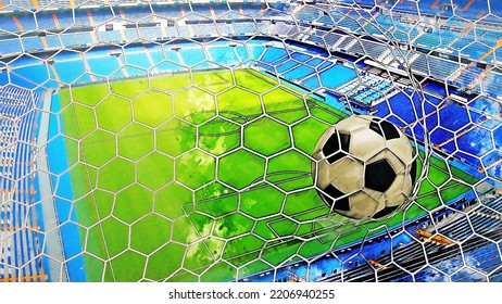 Black-white Soccer Ball And Goal Net Under Soccer Stadium Illustration Combined Pencil Sketch And Watercolor Sketch. 3D Illustration. 3D CG. High Resolution.