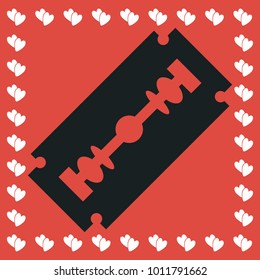 Blade razor icon flat. Simple black pictogram on red background with white hearts for valentines day. Illustration symbol