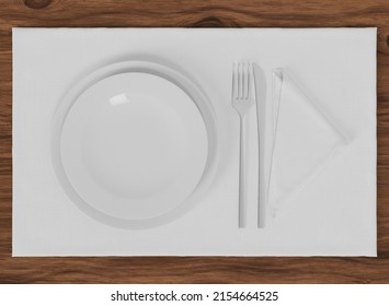 Blanc Placemat With Table Setting Mockup. Isolated Table Setting On Wooden Table. 3d Rendering