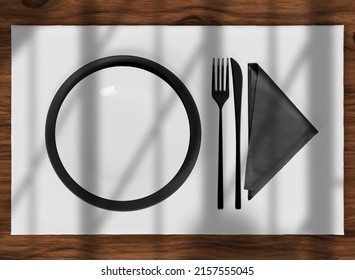 Blanc Placemat With White And Black Table Setting Mockup. Isolated Table Setting On Wooden Table. 3d Rendering