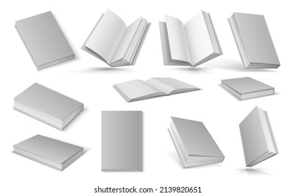 Blank 3d Book With Paper Sheets, Booklets Or Magazines With Hardcover. Realistic Flying Open Empty Textbook. White Catalog Mockup  Set. Isolated Educational Journal, Album Template