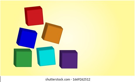 Blank 3D Bright Colored Blocks Falling On Soft Yellow Background With Copy On Right. Education, Learning, Preschool, Concepts.