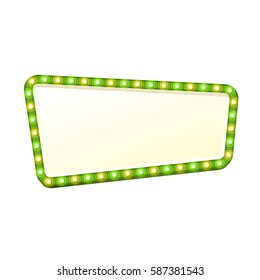 Blank 3d Retro Light Sign With Shining Bulbs Isolated On White Background. Green Street Signboard With Yellow And Green Marquee Glowing Lights. Advertising Frame With Glow Colorful Illustration