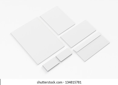 Blank A4 Paper, Business Cards, Letterhead, Envelopes / Stationary, Corporate Identity Isolated On White Background With Soft Shadows