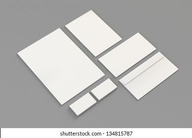 Blank A4 paper, Business cards, Letterhead, Envelopes / Stationary, Corporate identity template on grey background with soft shadows