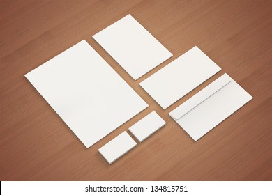 Blank A4 Paper, Letterhead,  Business Cards, Note,  Envelopes / Stationary, Corporate Identity Template On Wooden Background