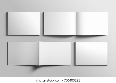 Blank A4 photorealistic landscape brochure mockup on light grey background, 3D illustration.